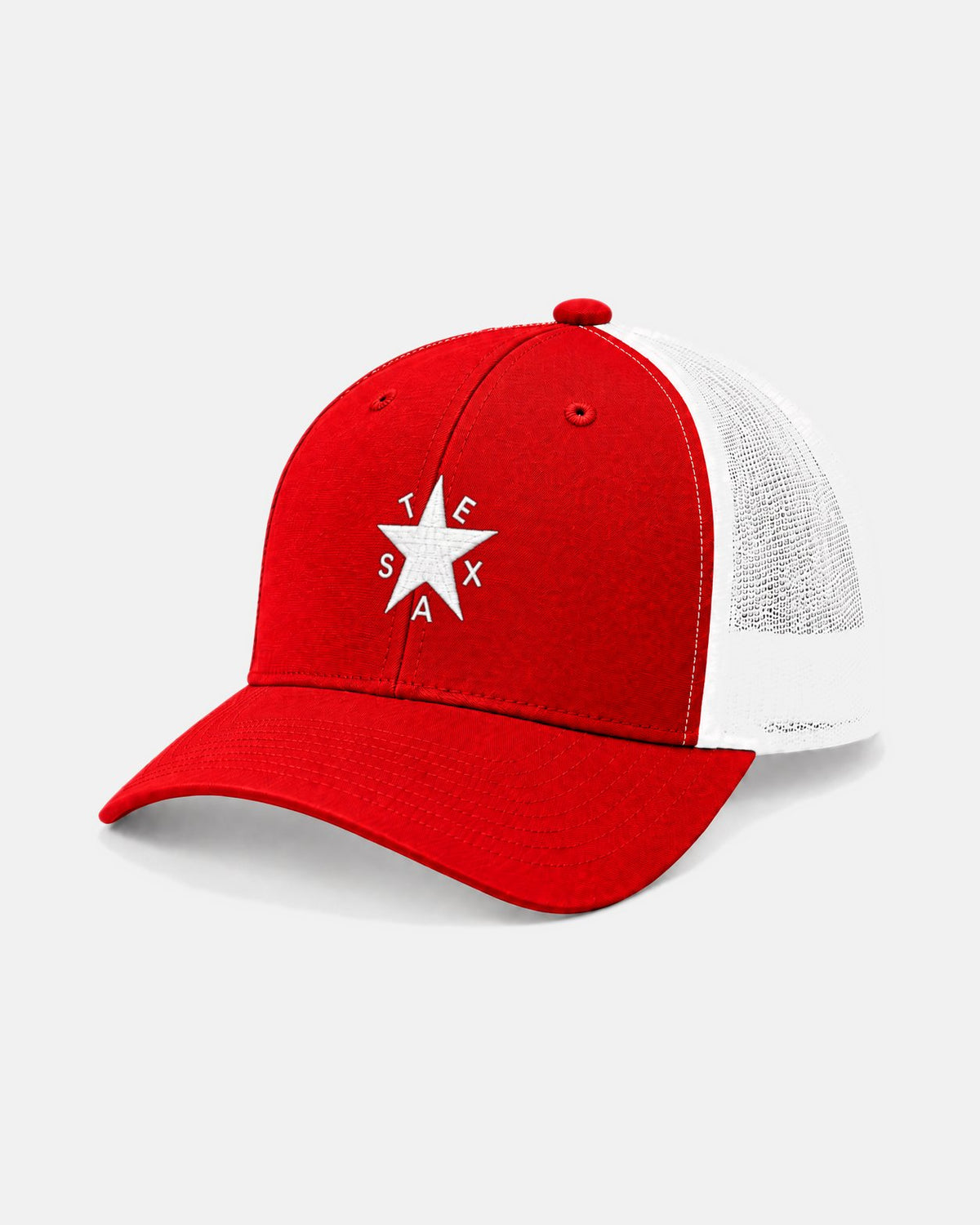 Texas Zavala Star trucker hat, red with white mesh, white embroidered star and TEXAS lettering
