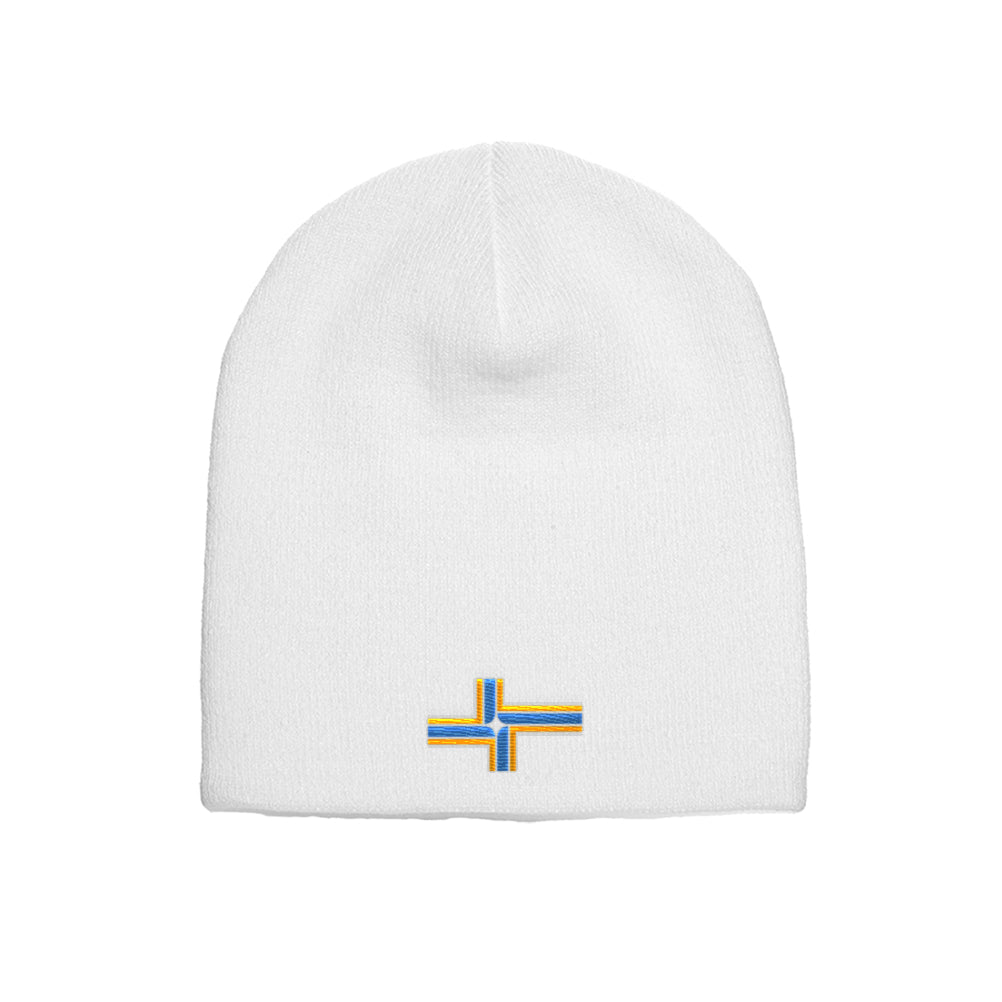 Portland Oregon Flag beanie in white, front view