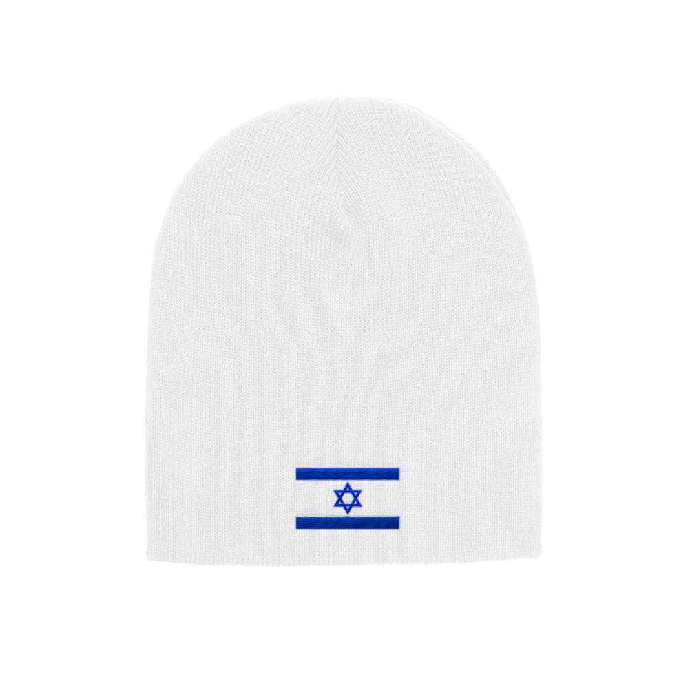 Israel Flag beanie in white, front view